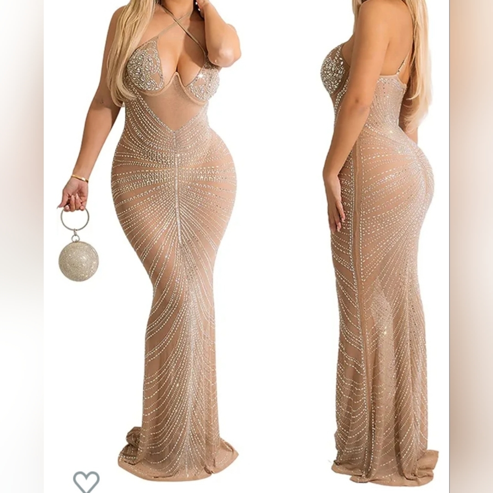Maxi Mesh Rhinestones details Dress New Size XL Strech Material. - Picture 5 of 5